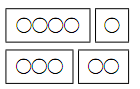 5個のボールを2つの箱に分ける2通りが上下に並んでいる。上段は左の箱に4個・右の箱に1個、下段は左の箱に3個・右の箱に2個のボールが入っている。