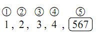 1、2、3、4と、枠で囲んだ567の5つが横一列に並び、それぞれの上に①から⑤の丸数字がふられている。隣り合う5と6と7をひとまとめにして5個のものとみなすことを表している。